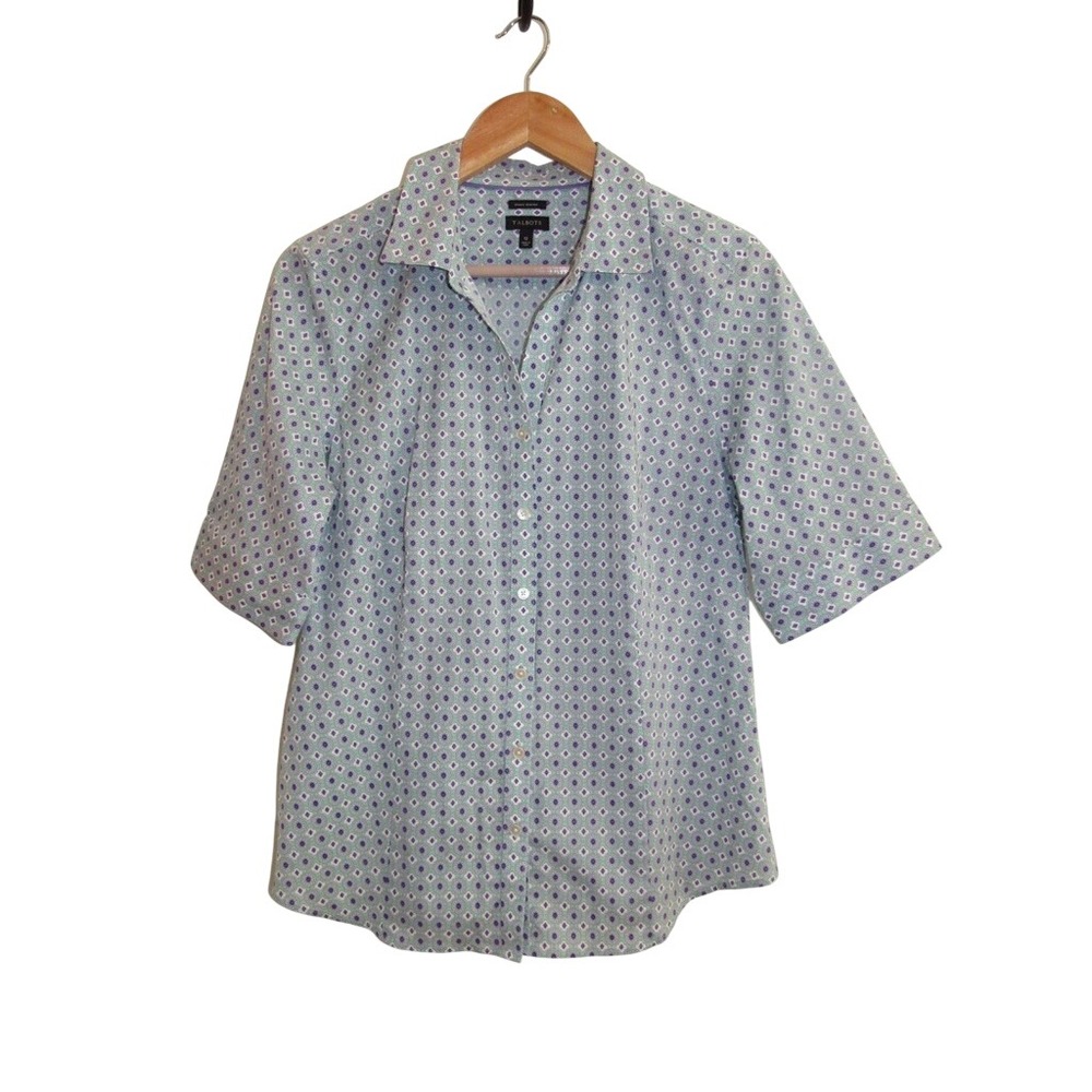 Talbots Wrinkle Resistant Button Front Shirt Womens 12 Green Geo Print Stretch
